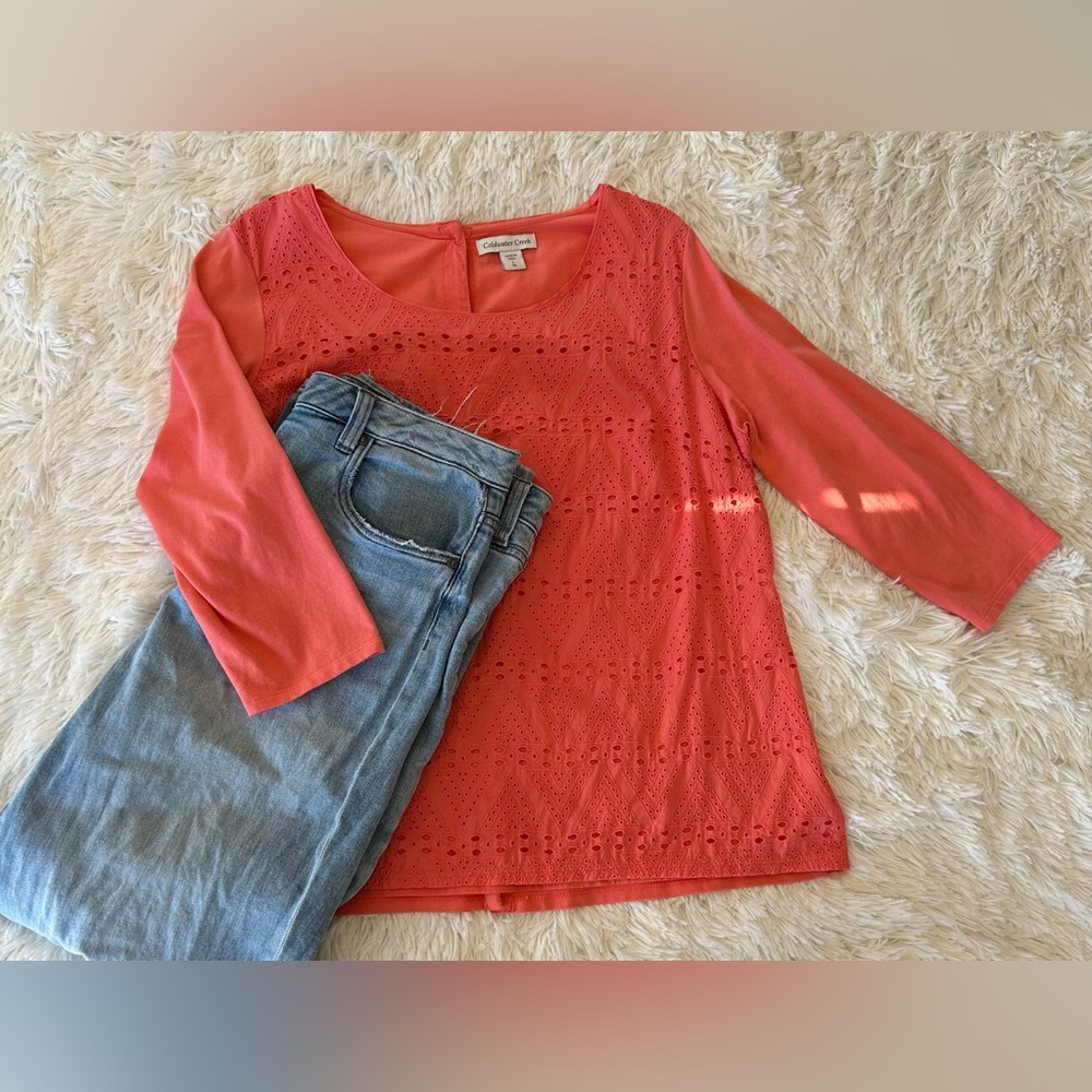 Coldwater Creek | Coral Eyelet 3/4 Length Sleeve Top - Picture 5 of 9